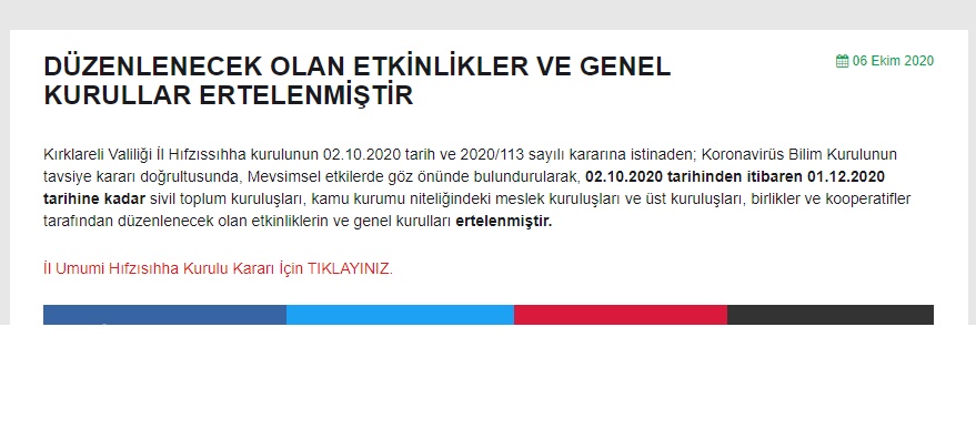 DÜZENLENECEK OLAN ETKİNLİKLER VE GENEL KURULLAR ERTELENMİŞTİR