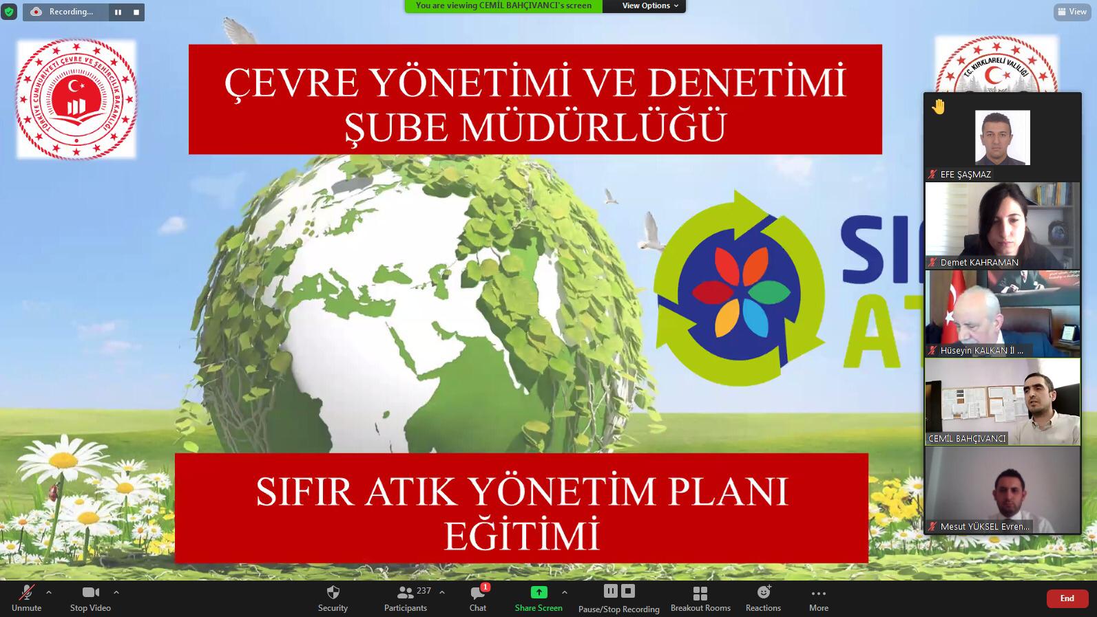 İl Müdürlüğümüz tarafından İl Milli Eğitim Personeli ve Okul Kurum Müdürlerine “ Entegre Çevre Bilgi Sistemine Kayıt, Sıfır Atık, Sıfır Atık Bilgi Sistemi ve Sıfır Atık Temel Seviye Belgelendirme” konularında bilgilendirme toplantısı düzenlenmiştir.