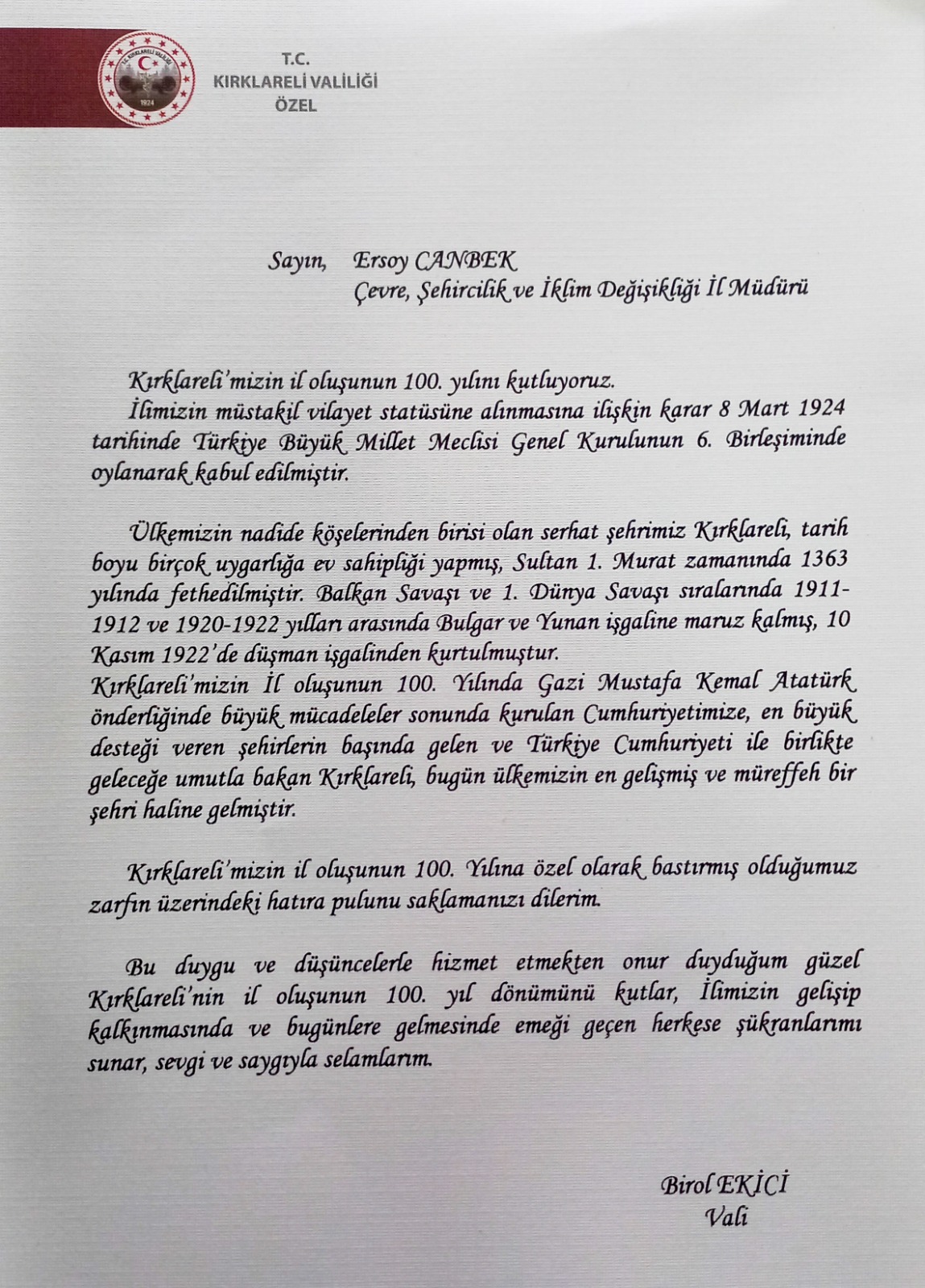 KIRKLARELİ'NİN İL OLUŞUNUN 100.YIL DÖNÜMÜ