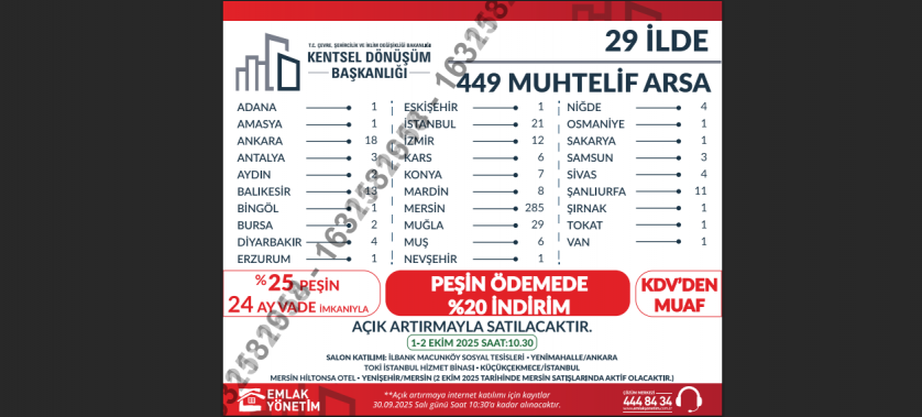 1-2 Ekim 2025 tarihinde 29 ilde Açık arttırma ile yapılacak arsa satışı ilanı