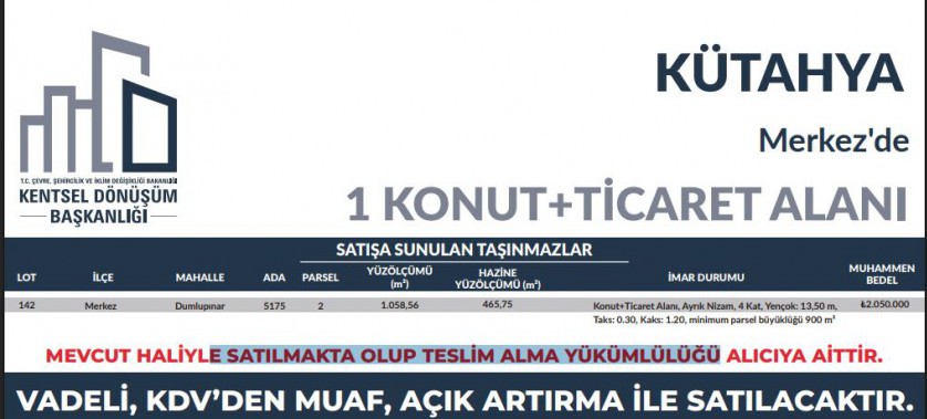 BAKANLIĞIMIZ KENTSEL DÖNÜŞÜM BAŞKANLIĞI TARAFINDAN AÇIK ARTIRMA İLE SATIŞI YAPILACAK OLAN TAŞINMAZ İLANI…