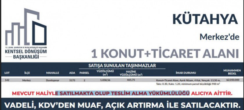 BAKANLIĞIMIZ KENTSEL DÖNÜŞÜM BAŞKANLIĞI TARAFINDAN AÇIK ARTIRMA İLE SATIŞI YAPILACAK OLAN TAŞINMAZ İLANI HK.