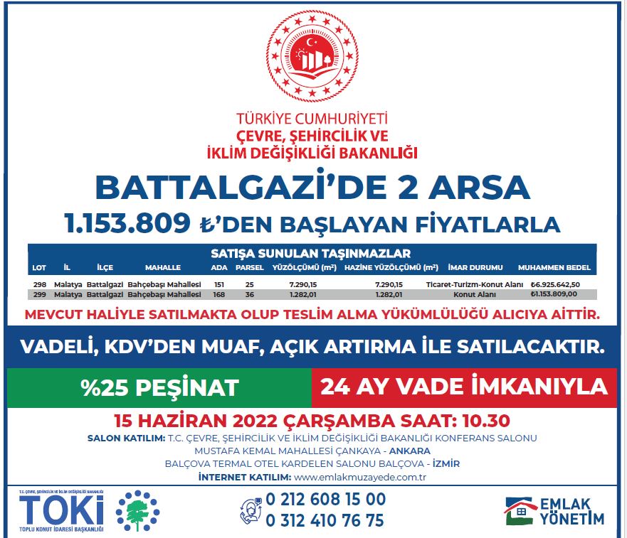 MALATYA İLİ BATTALGAZİ İLÇESİ BAKANLIĞIMIZ UHDESİNDEKİ İKİ ADET TAŞINMAZ SATIŞ İLANI