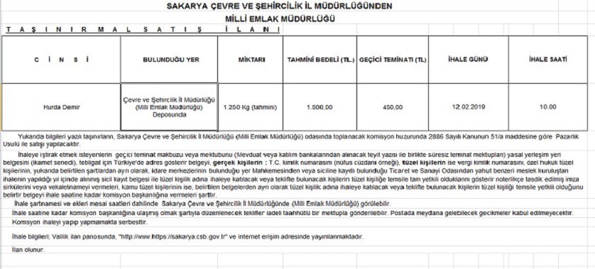 Hurda Demir Satış İlanı (Milli Emlak Müdürlüğümüzde)