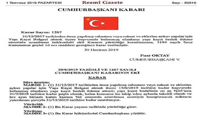 İmar Barışı’nda Ödeme Süresi; 31 Aralık 2019’ a Kadar Uzatıldı