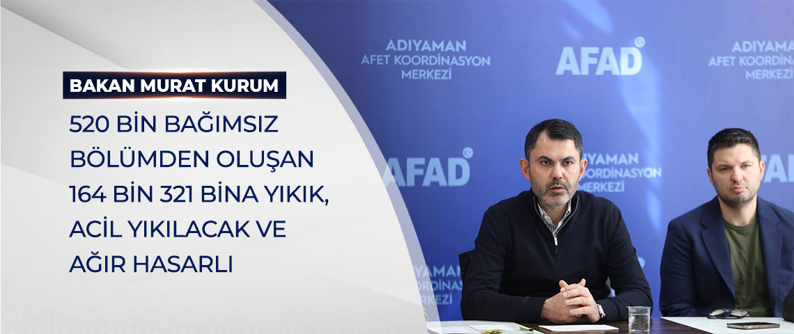 BAKAN KURUM: “520 BİN BAĞIMSIZ BÖLÜMDEN OLUŞAN 164 BİN 321 BİNA YIKIK, ACİL YIKILACAK VE AĞIR HASARLI”