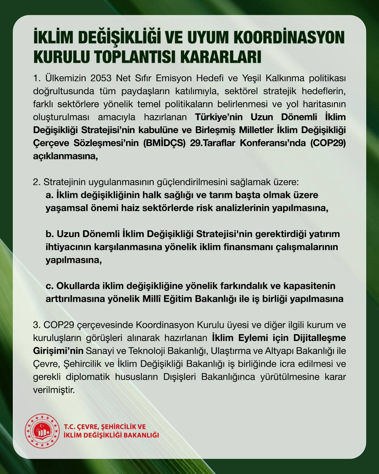 BAKAN MURAT KURUM'UN BAŞKANLIK ETTİĞİ İKLİM DEĞİŞİKLİĞİ VE UYUM KOORDİNASYON KURULU'NDA YENİ KARARLAR ALINDI