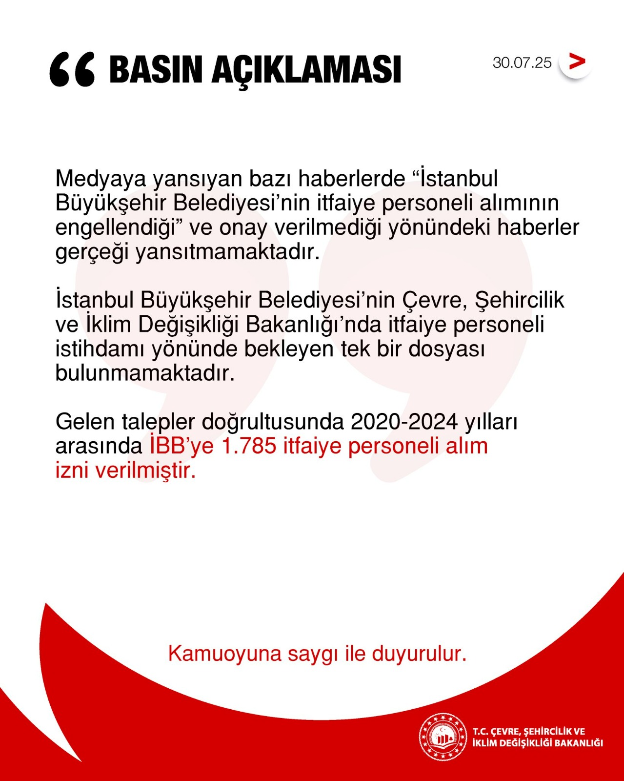 BAKANLIK’TAN İBB’NİN İTFAİYE PERSONELİ ALIMINA YÖNELİK İDDİALARINA YALANLAMA