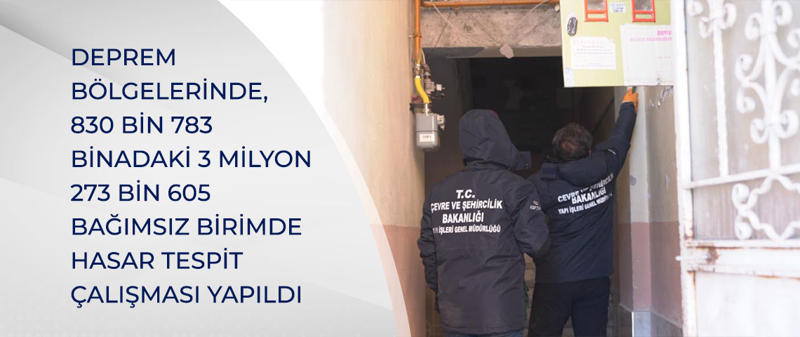 DEPREM BÖLGELERİNDE, 830 BİN 783 BİNADAKİ 3 MİLYON 273 BİN 605 BAĞIMSIZ BİRİMDE HASAR TESPİT ÇALIŞMASI YAPILDI