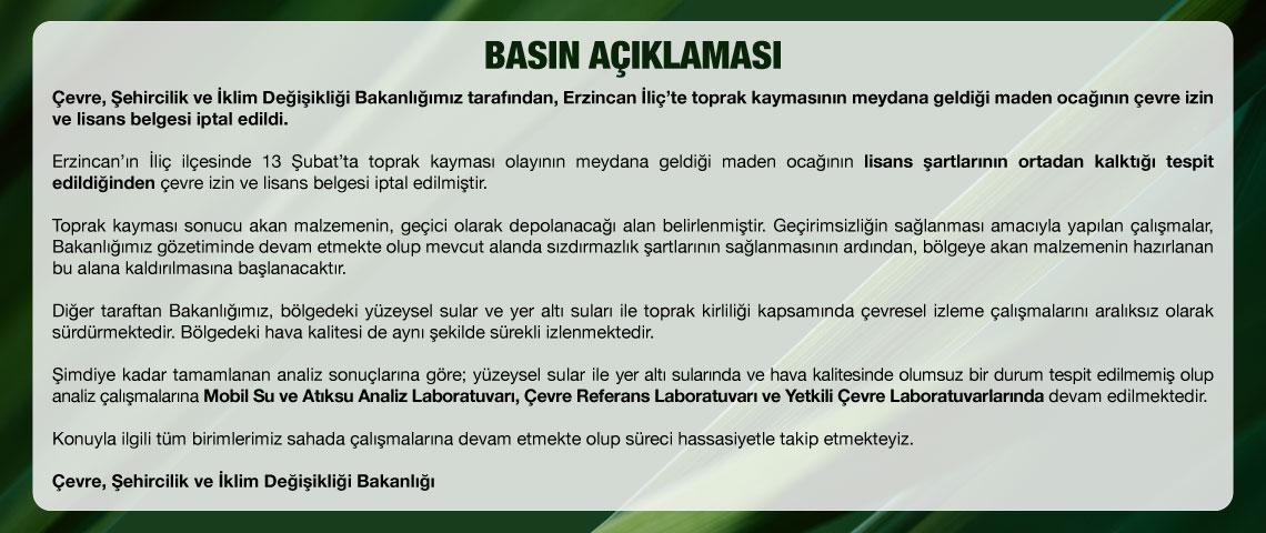 ERZİNCAN’DA TOPRAK KAYMASI YAŞANAN MADEN OCAĞININ ÇEVRE İZİN VE LİSANS BELGESİ İPTAL EDİLDİ