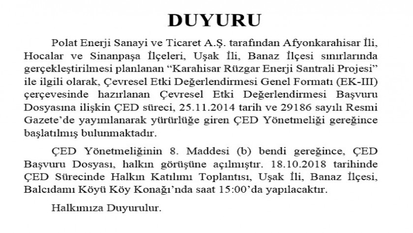 ÇED Süreci Halkın Katılımı Toplantısı Duyurusu