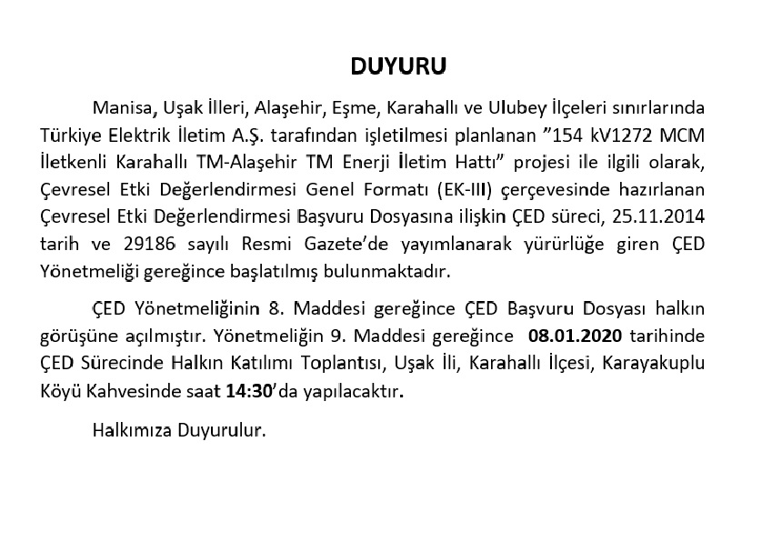 ÇED Sürecinde Halkın Katılımı Toplantı Duyurusu