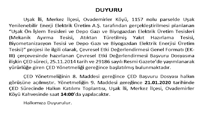 ÇED Sürecinde Halkın Katılımı Toplantı Duyurusu