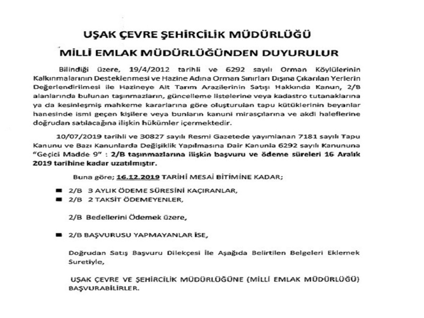 Uşak Çevre ve Şehircilik İl Müdürlüğü Milli Emlak Müdürlüğünden Duyurulur