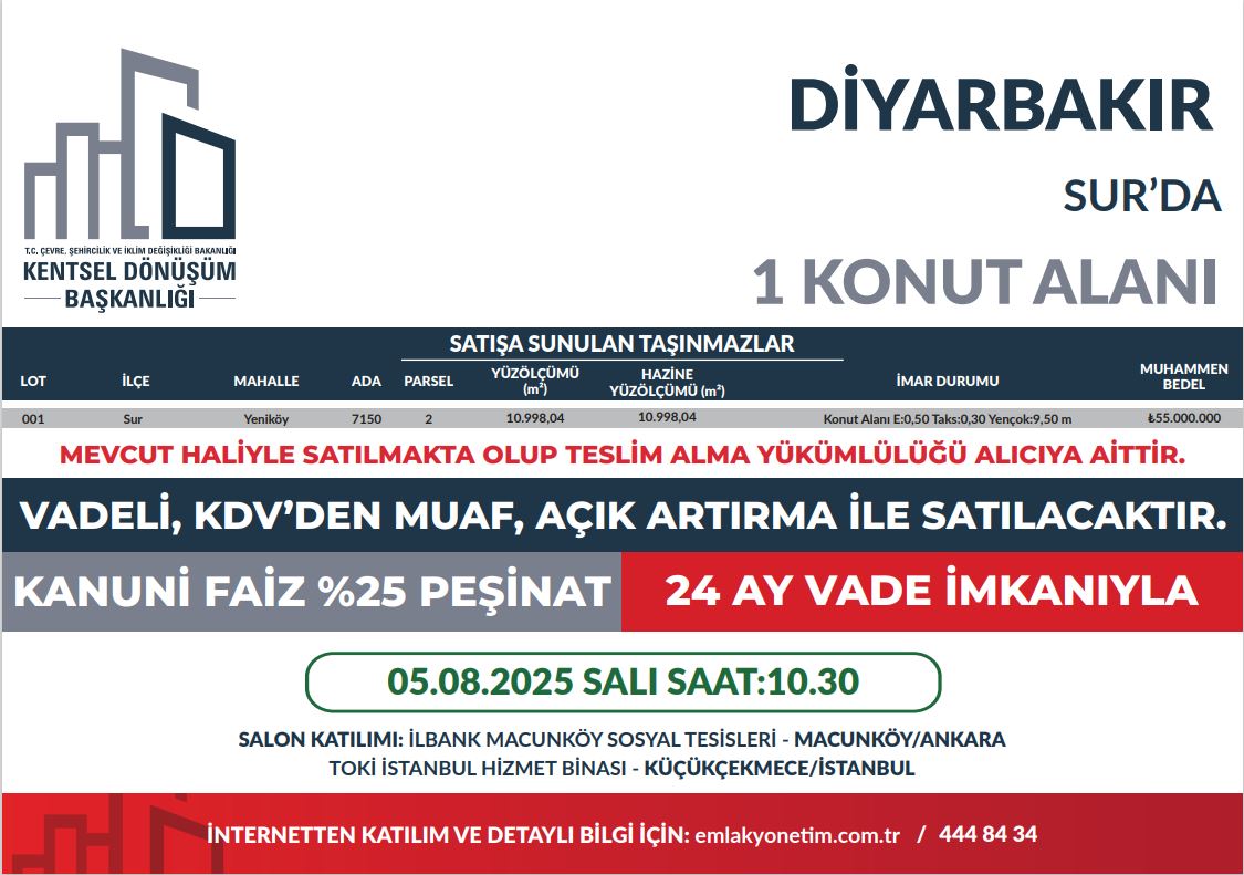 T.C. Çevre, Şehircilik ve İklim Değişikliği Bakanlığı Kentsel Dönüşüm Başkanlığı Tarafından 5 – 6 AĞUSTOS 2025 Tarihinde Saat: 10:30  56 İlde 642 Arsa müzayedesi düzenlenecektir.