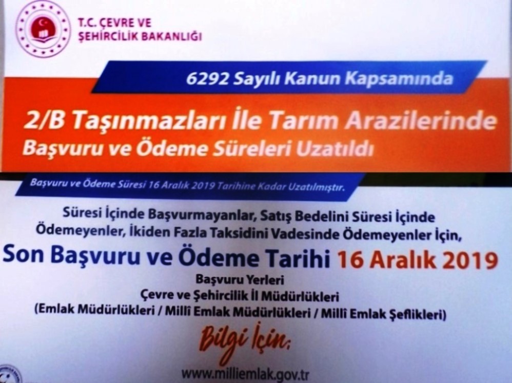 6292 sayılı Kanun Süre Uzatımı-2/B ve Tarım Arazileri Hakkında Duyuru