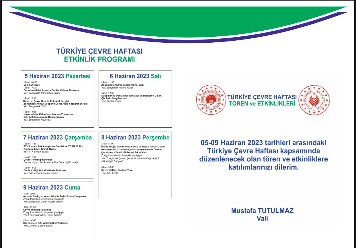 Türkiye Çevre Haftası 5-9 Haziran tarihleri arasında çeşitli etkinliklerle kutlanacaktır.  Tüm halkımız davetlidir.